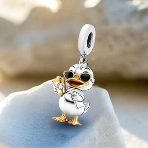 925 Sterling Silver Duck Charm with Sunglasses and Coffee